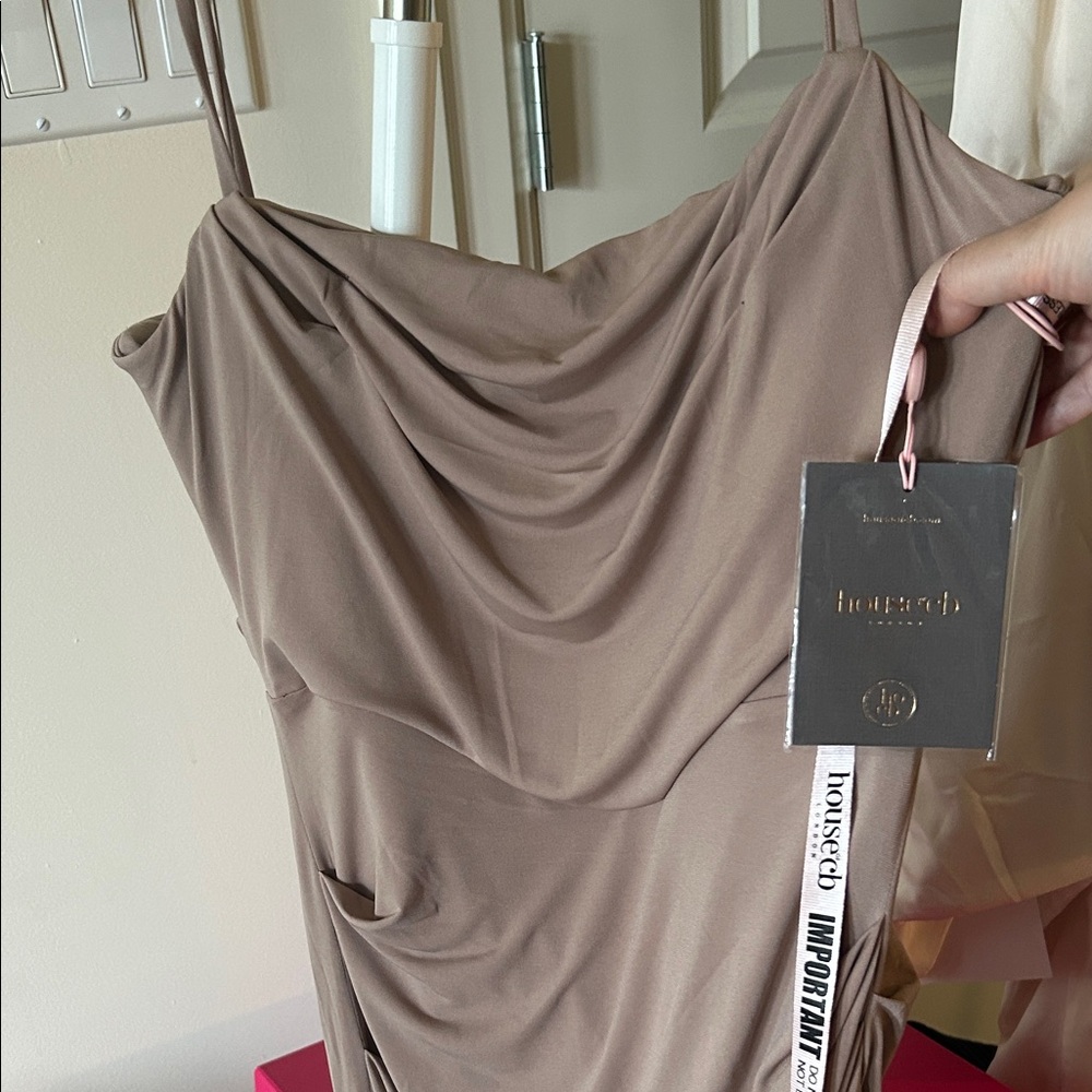 Milena-House of CB Taupe Draped Midi Dress
